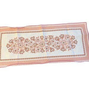 VTG Floral Lace Table Runner Pink & White Floral Designs Scalloped Edges Lace Tr